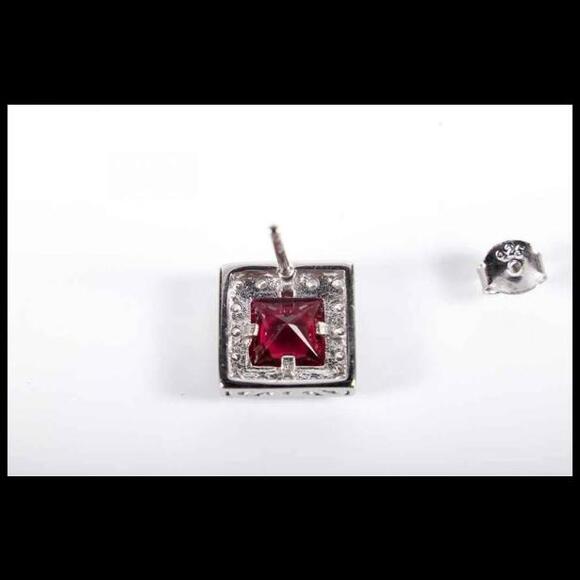 925 Sterling Silver Quality Simulated Rubies And CZ Stud Earrings - Picture 4 of 6